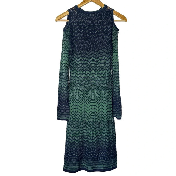 Missoni Fit & Flare Green Blue Chevron Print Open Shoulder Knit Dress Sz 2 - Picture 2 of 12